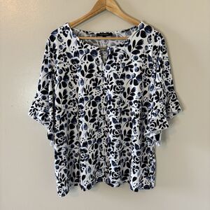 Ellen Weaver Floral Blouse Navy White Ruffle Sleeve Top Liquid Knit Sz 2X